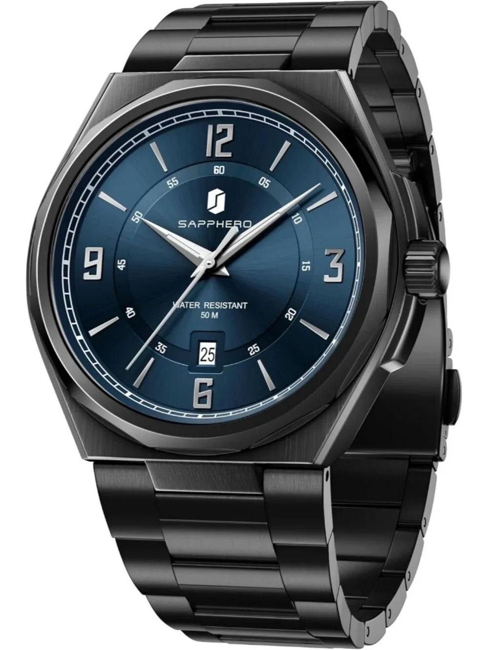 Men's Black/Blue Numeral Dial Stainless Steel Strap Analog Quartz Wrist Watch
